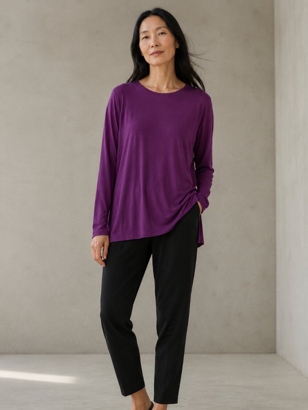 Eileen Fisher Purple Plum Drapey Jersey Long Sleeve Tunic Top Size XS NWOT
